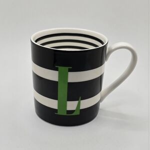 Kate Spade Lenox To The Letter "L" Coffee Cup Black White Stripe Green 12oz EUC